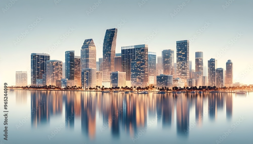 Miami skyline at dusk with illuminated buildings reflecting in the water. The cityscape is set against a white background, highlighting the urban architecture Miami skyline at dusk with illuminated buildings reflecting in the water. The cityscape is set against a white background, highlighting the urban architecture