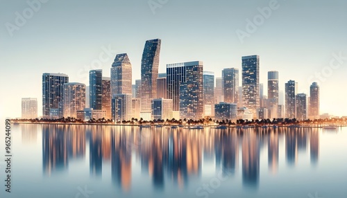 Miami skyline at dusk with illuminated buildings reflecting in the water. The cityscape is set against a white background, highlighting the urban architecture