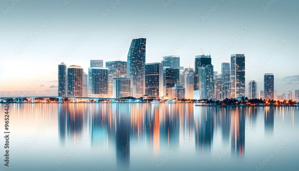 Obraz premium Miami skyline at dusk with illuminated buildings reflecting in the water. The cityscape is set against a white background, highlighting the urban architecture