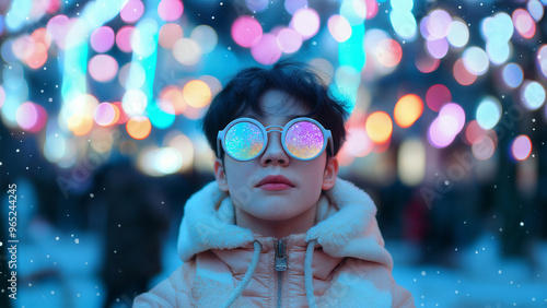 Stylish Korean man with neon reflections in augmented reality glasses, Wearable AR sunglasses in Korea urban city with bokeh lights, Futuristic fashion and immersive experience concept photo