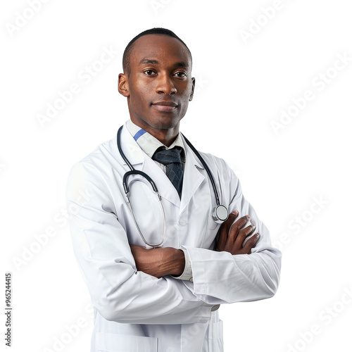 Confident male doctor in a white coat with a stethoscope posed for a portrait against a transparent background