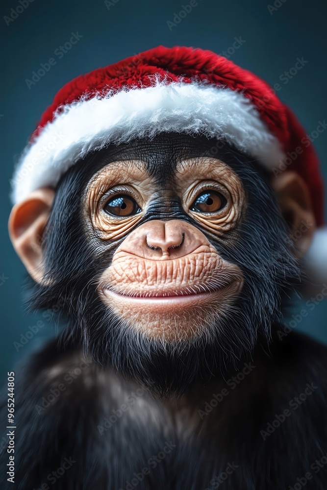 Chimpanzee wearing a Santa hat, smiling cheerfully, set against a blue background Chimpanzee wearing a Santa hat, smiling cheerfully, set against a blue background