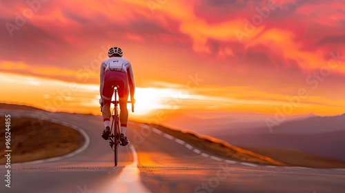 Cyclist pushing uphill on a winding road, vibrant sunset, telephoto lens, intense concentration, road s curve, determination in expression, photo