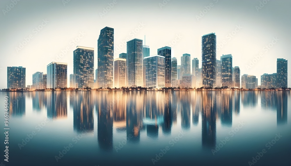 Obraz premium Miami skyline at dusk with illuminated buildings reflecting in the water. The cityscape is set against a white background, highlighting the urban architecture
