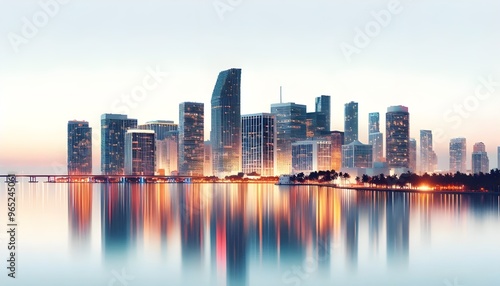 Miami skyline at dusk with illuminated buildings reflecting in the water. The cityscape is set against a white background, highlighting the urban architecture