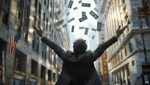 A millionaire man cheers as he throws money into the sky