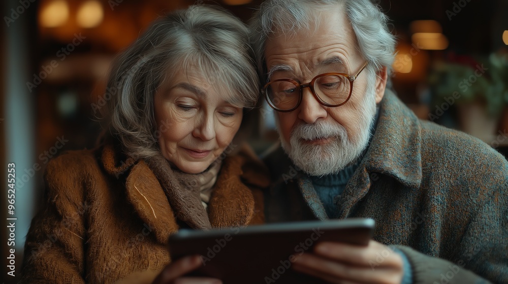 Senior couple sitting at home, learning to use a tablet together, smiles and concentration on their faces Senior couple sitting at home, learning to use a tablet together, smiles and concentration on their faces