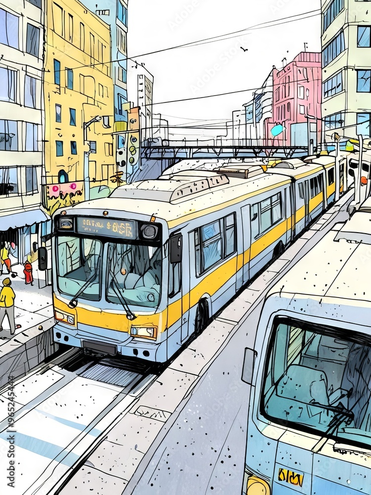 Fototapeta premium Cityscape with a Public Transportation and Pedestrian