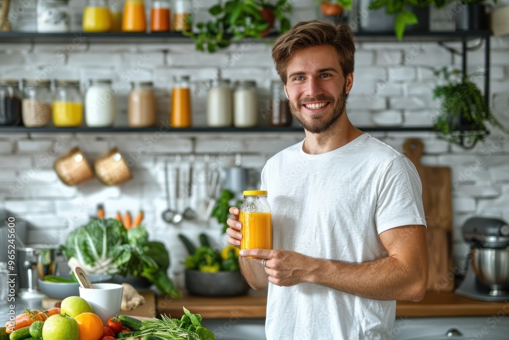 man in a t-shirt stands at the kitchen and holds a healthy natural smoothie in hand. ai generative man in a t-shirt stands at the kitchen and holds a healthy natural smoothie in hand. ai generative