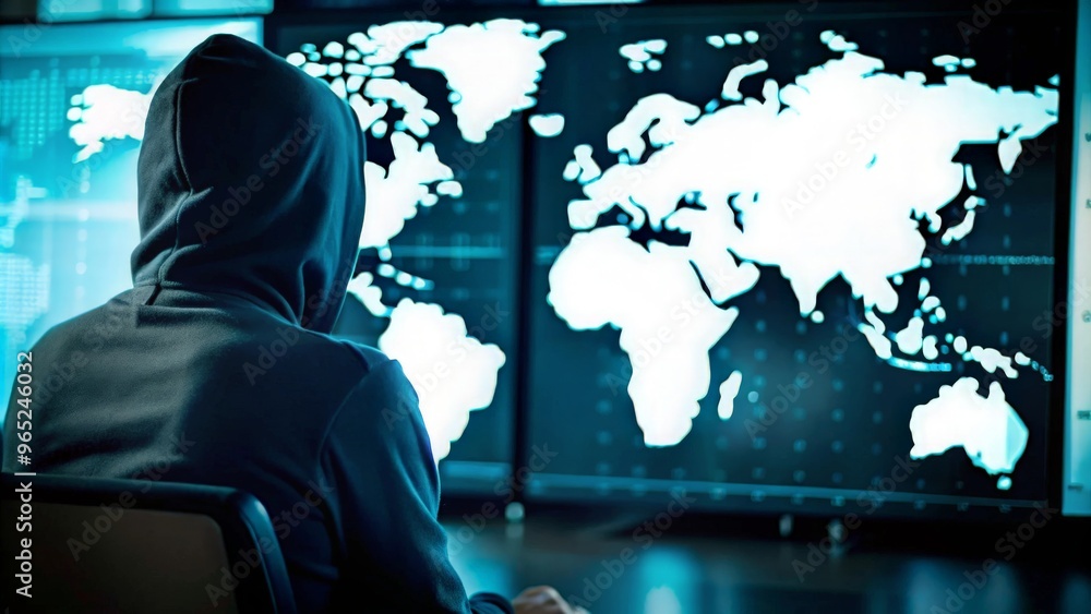 Obraz premium Digital Forensics Expert with Computer Monitors – Hacker in hoodie reviewing data on multiple screens with a global map overlay. 