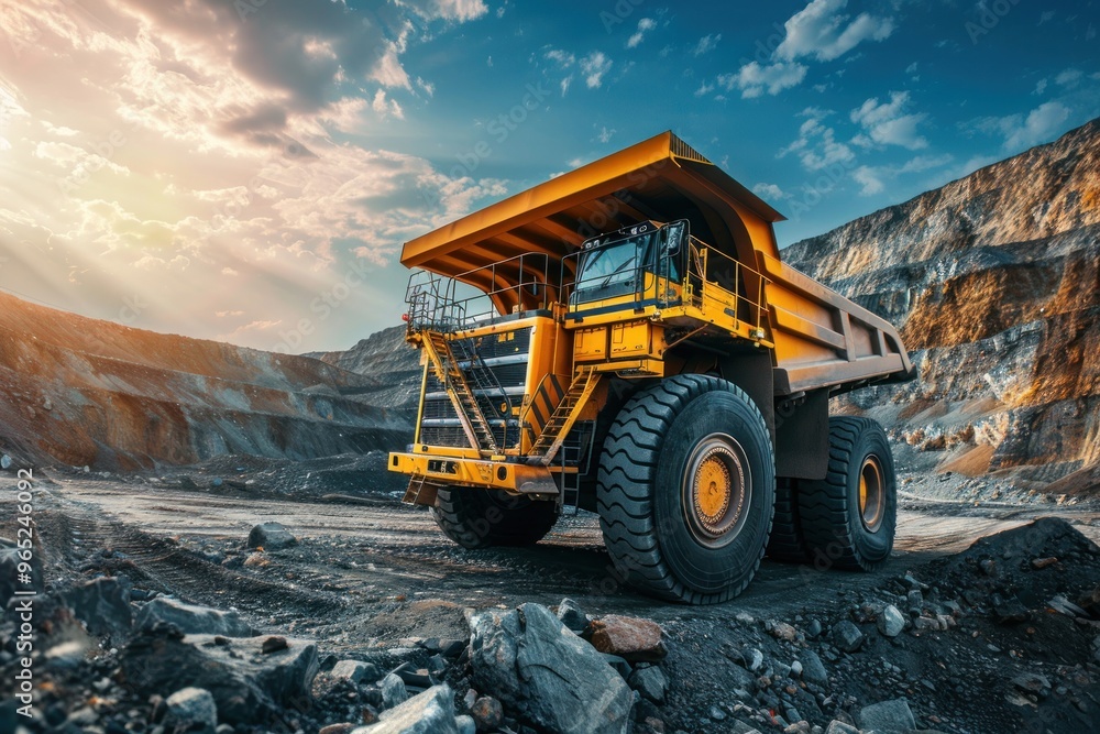 Massive Yellow Mining Truck in Action at Quarry. Concept open mine industry Massive Yellow Mining Truck in Action at Quarry. Concept open mine industry