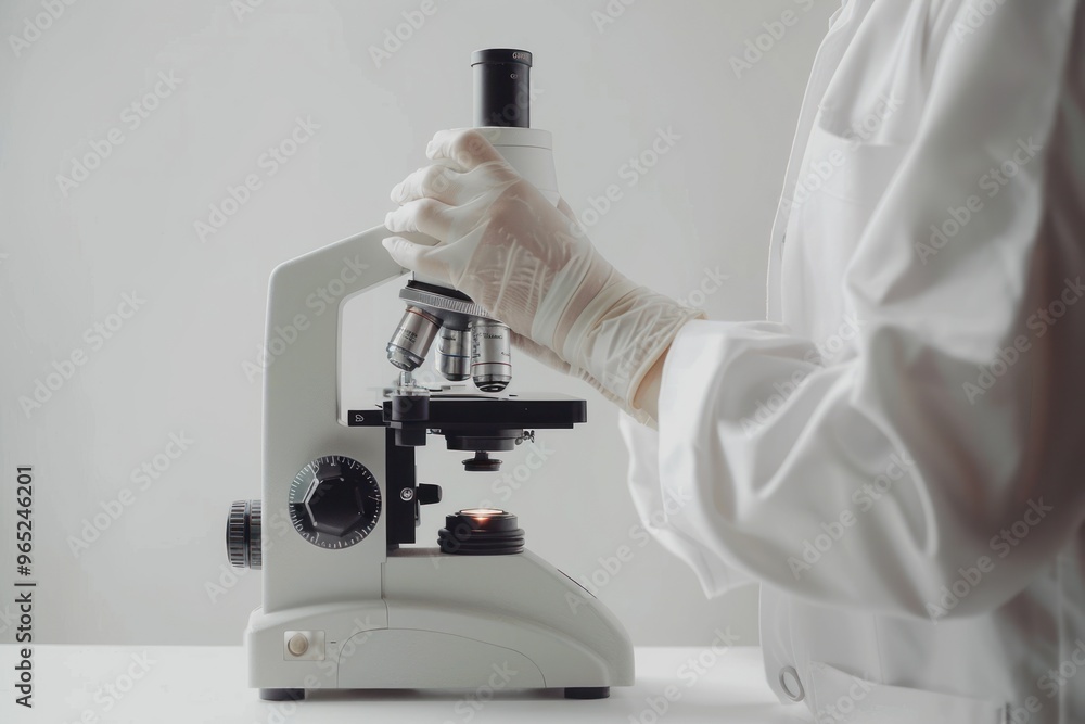 Minimalistic and elegant Labor Day depiction, featuring a close-up of a scientist hands using a microscope Minimalistic and elegant Labor Day depiction, featuring a close-up of a scientist hands using a microscope