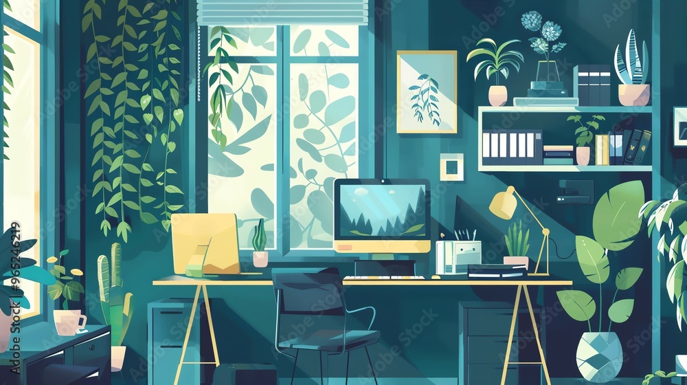 Home office with stylish design, aesthetic setup, flat design illustration Home office with stylish design, aesthetic setup, flat design illustration