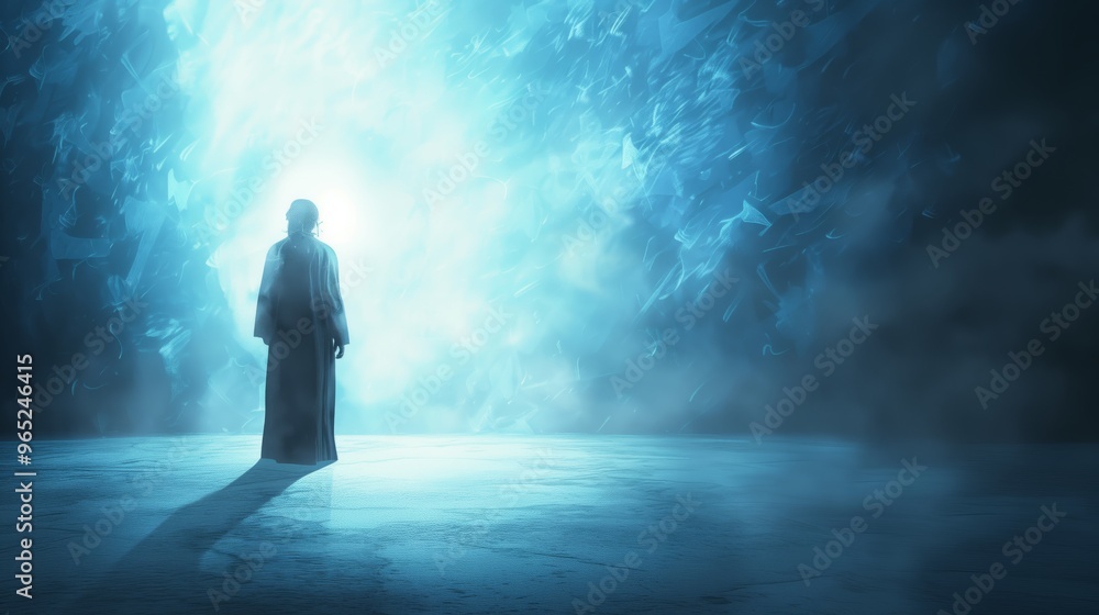 Obraz premium Mystical Person Enveloped in Surreal Blue Light - Spiritual Journey, Abstract Illustration with Mysterious Atmosphere