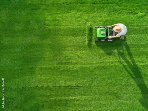 Gardener pushing a lawnmower across a lush green lawn, bright summer day, wide shot, vibrant colors, sense of tranquility, freshly cut grass, photo