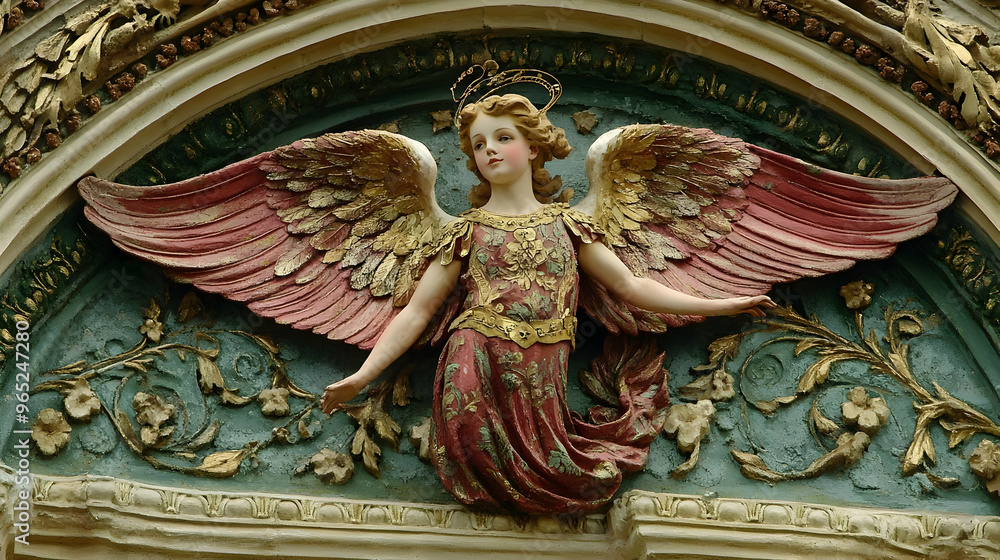 Fototapeta premium Angel Sculpture with Wings and Floral Decor