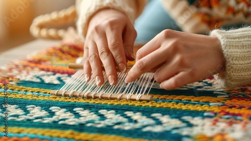 Humble weaver creating a colorful tapestry, traditional loom, medium closeup, skilled hands, intricate patterns, sense of heritage, warm lighting,