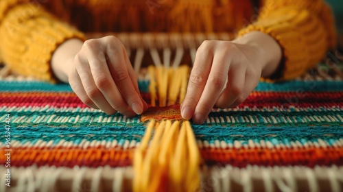 Humble weaver creating a colorful tapestry, traditional loom, medium closeup, skilled hands, intricate patterns, sense of heritage, warm lighting,