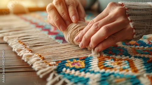 Humble weaver creating a colorful tapestry, traditional loom, medium closeup, skilled hands, intricate patterns, sense of heritage, warm lighting,