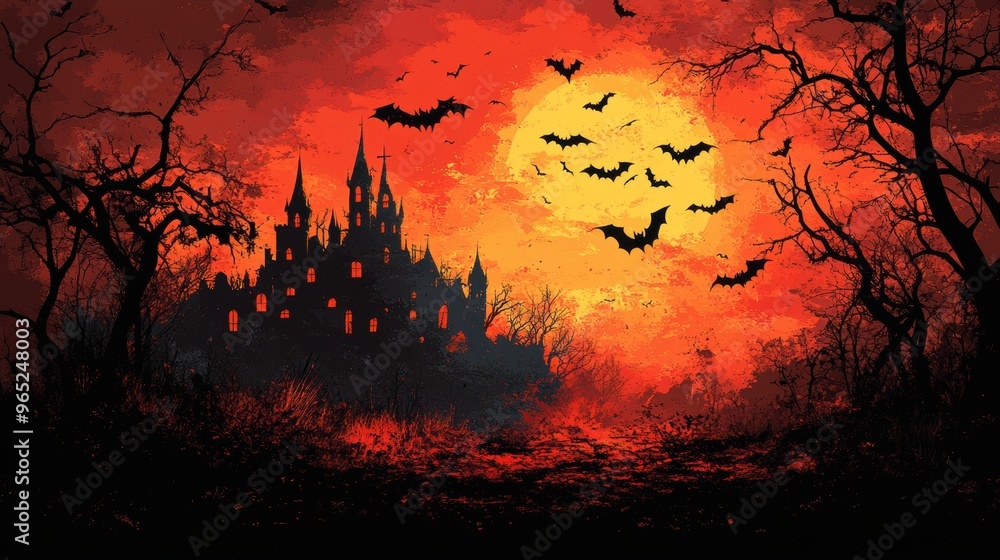 A vector design of a Halloween party invitation, featuring a spooky castle and flying bats A vector design of a Halloween party invitation, featuring a spooky castle and flying bats