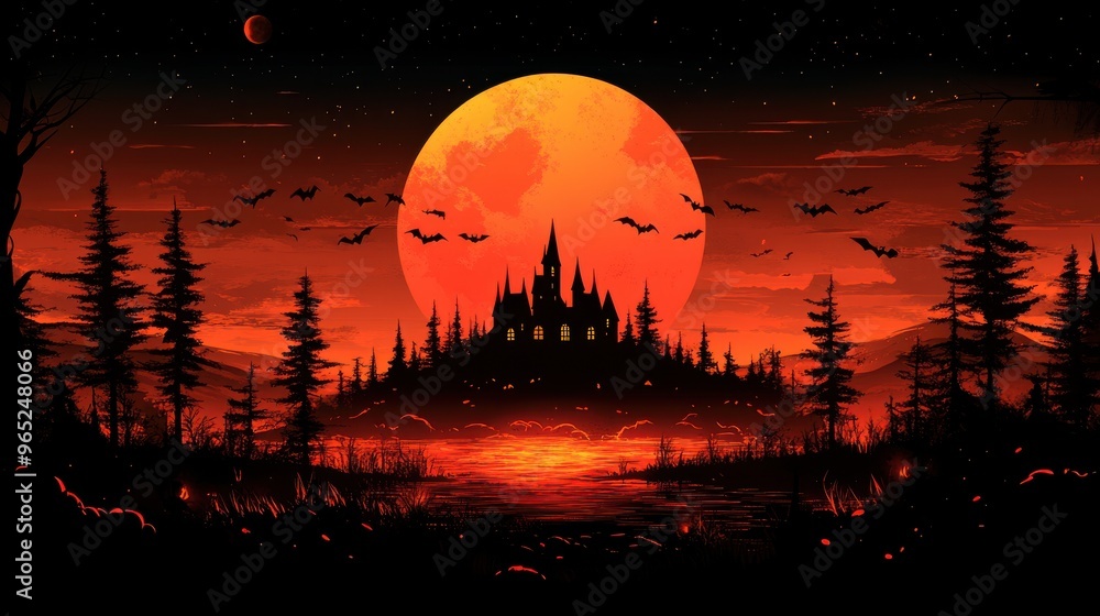 A vector design of a Halloween party invitation, featuring a spooky castle and flying bats A vector design of a Halloween party invitation, featuring a spooky castle and flying bats
