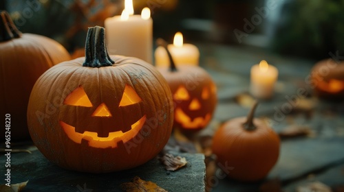 Halloween Pumpkins And Candles On Wooden.