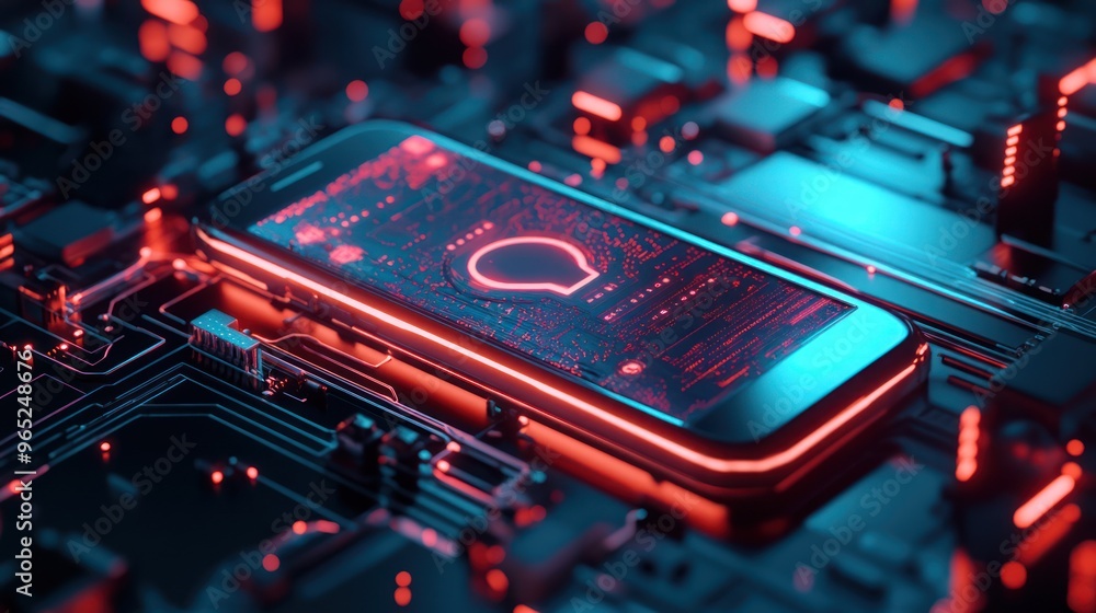 Smartphone on Circuit Board with Neon Light Smartphone on Circuit Board with Neon Light