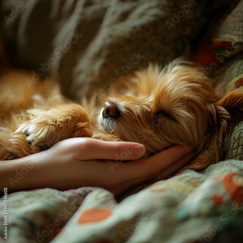 Sleeping Puppy Dog In Human Hands On Blanket