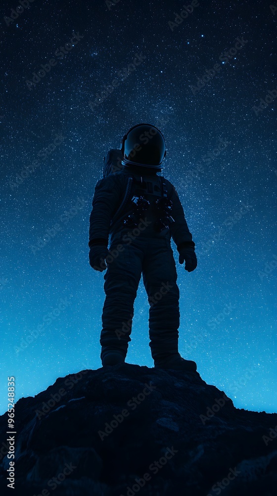 Silhouette of an astronaut standing on a rocky surface under a starry night sky Silhouette of an astronaut standing on a rocky surface under a starry night sky