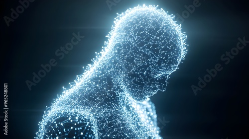 Futuristic AI figure bound by holographic binary chains, representing digital laws, Sci-fi, Dark tones with luminous accents, High-definition digital art, Surreal photo