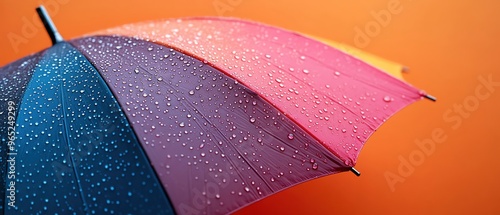 Multicolored umbrella with water droplets, resting on a pink surface against an orange background photo