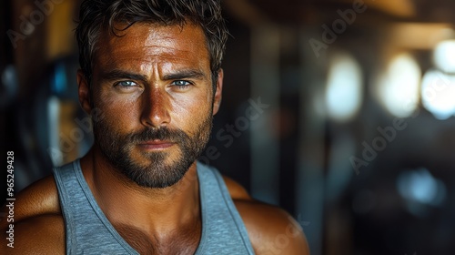 Muscular man in a gray tank top at the gym, focused expression, blurred background