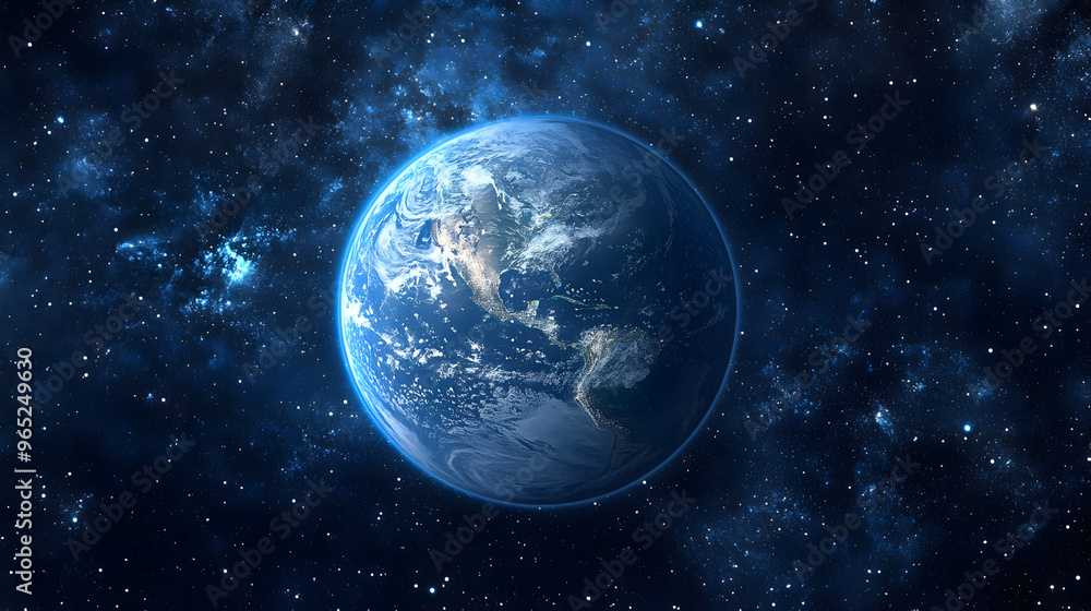 Earth From Space Blue Planet Against Starry Night Sky Earth From Space Blue Planet Against Starry Night Sky