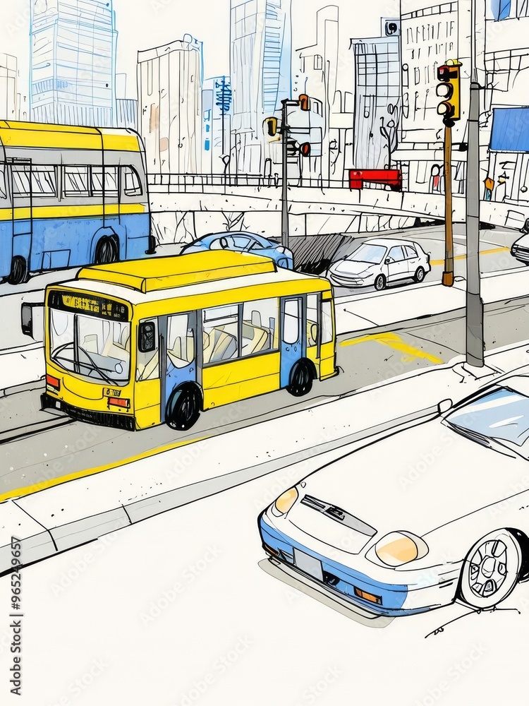 Fototapeta premium Cityscape with a Public Transportation and Pedestrian