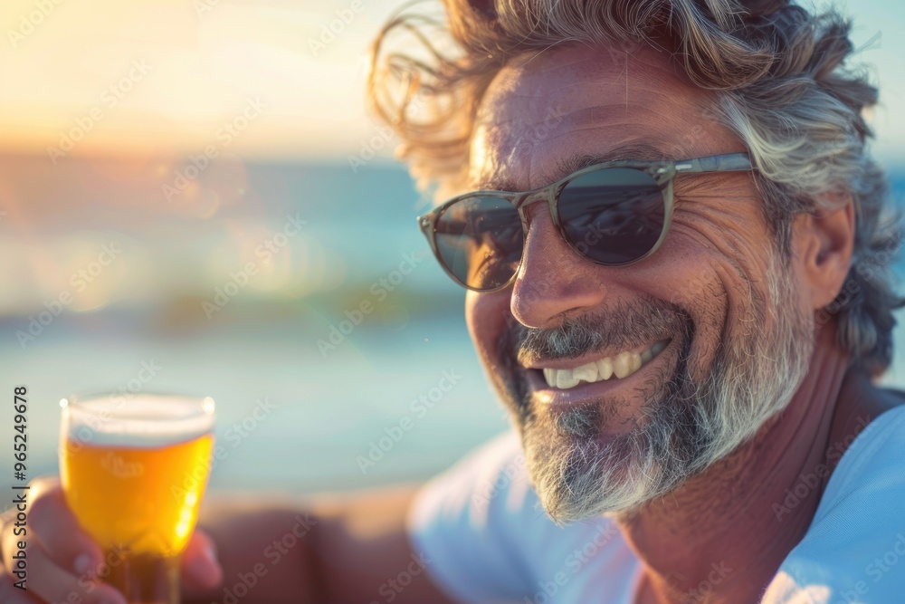 portrait of smiling handsome happy man with a glass of beer on the beach portrait of smiling handsome happy man with a glass of beer on the beach