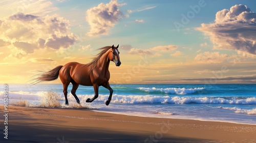 Horse Running on Beach at Sunset