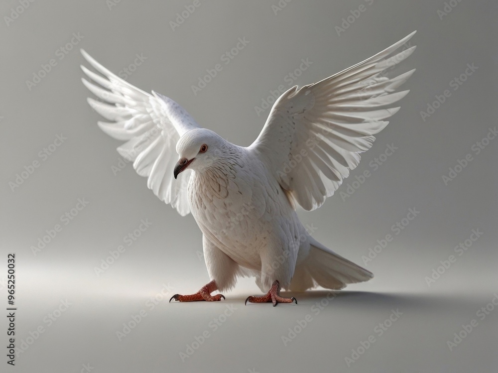 A white pigeon in mid-flight, wings fully spread, displaying intricate feather details against a plain background. AI generated. A white pigeon in mid-flight, wings fully spread, displaying intricate feather details against a plain background. AI generated.