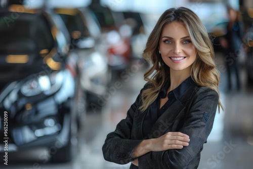 Professional car salesman in showroom. Auto dealership office. Car dealer business. Smiling woman in showroom