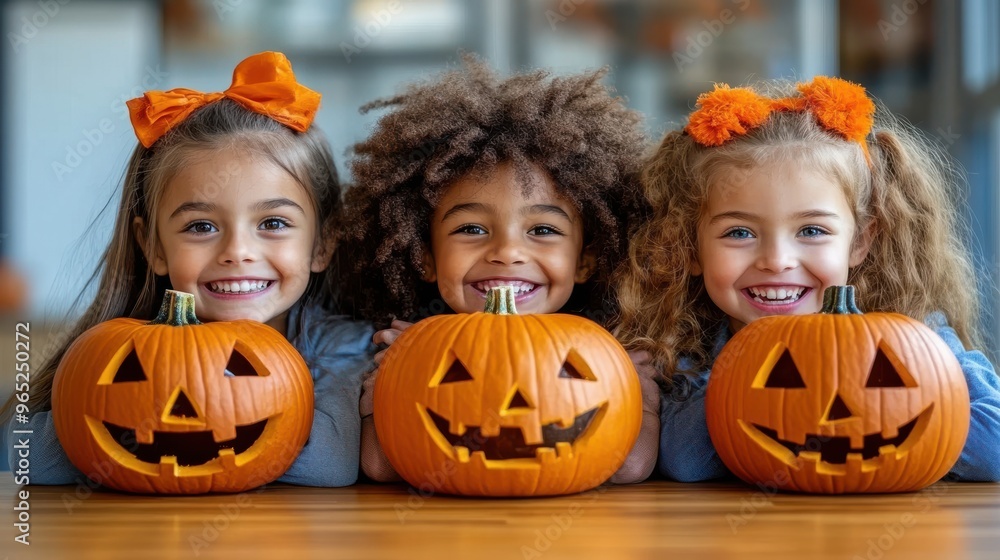 Fototapeta premium Children with Halloween decorations, smiling and having fun, white background
