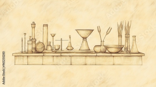 Exodus:The Altar of Burnt Offering and Other Items, Altar of Burnt Offering, Bronze Laver, and Utensils Prepared for Worship - Biblical Art on Beige Background photo