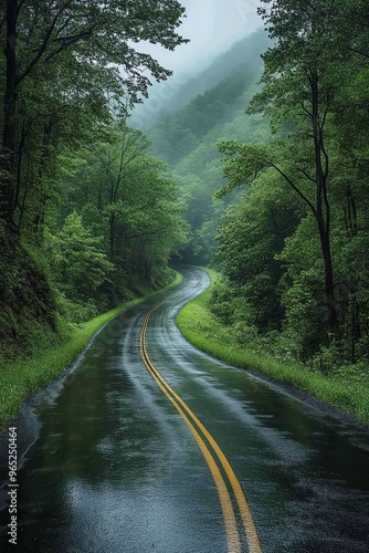 Serene road through a lush green forest tunnel, wet from recent rain