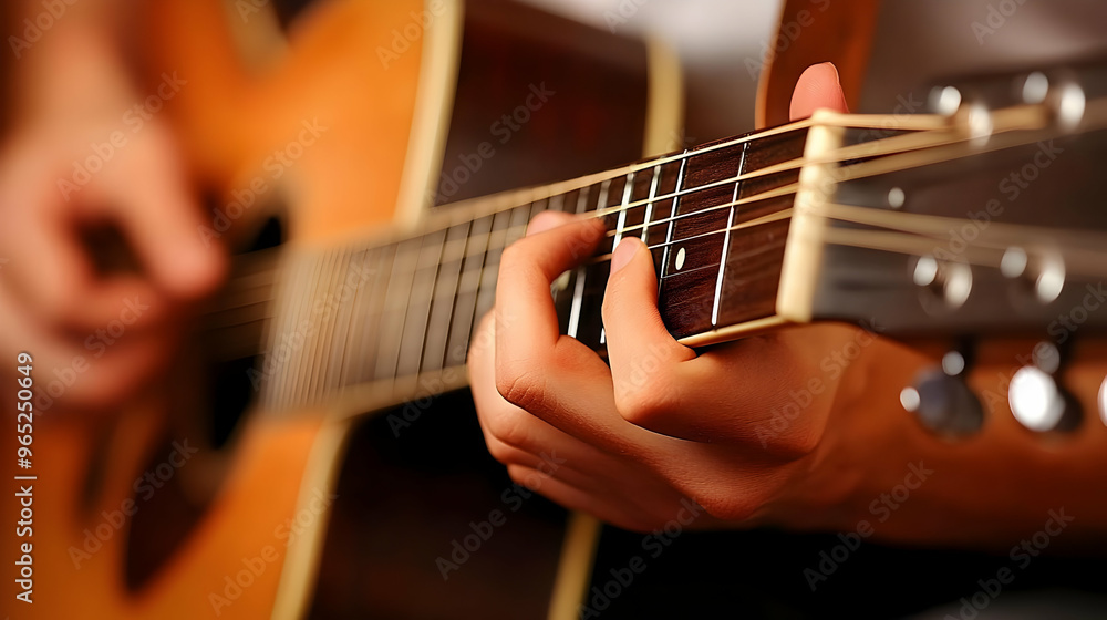 Obraz premium Close up of Hands Playing Acoustic Guitar