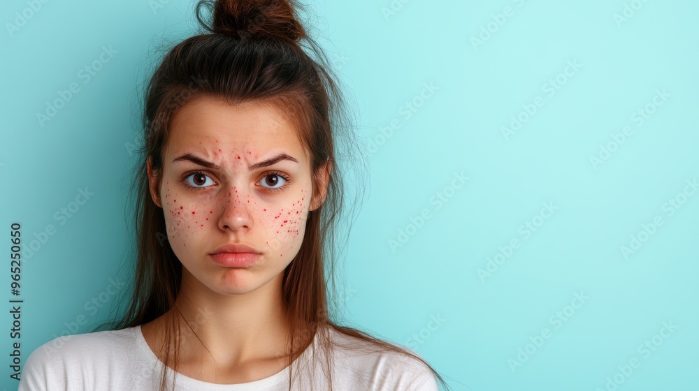 Young woman with acne problem on turquoise background Young woman with acne problem on turquoise background