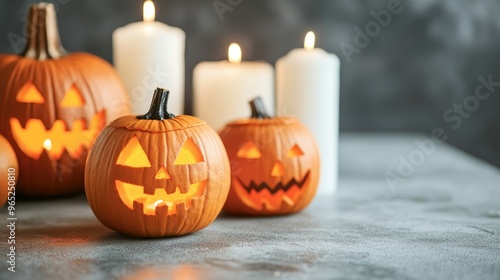 Halloween Pumpkins And Candles On Wooden.