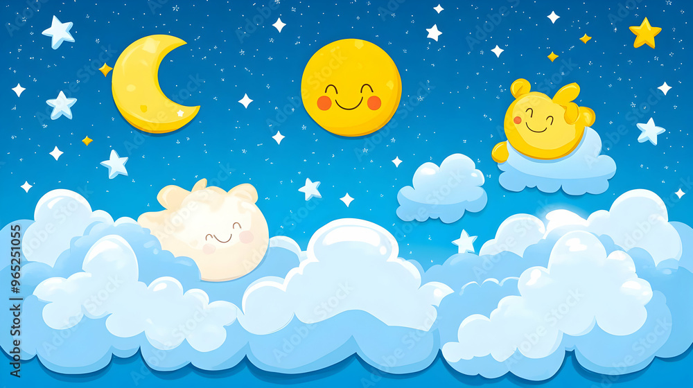 Cute Cartoon Moon Sun and Cloud Characters in Night Sky Cute Cartoon Moon Sun and Cloud Characters in Night Sky