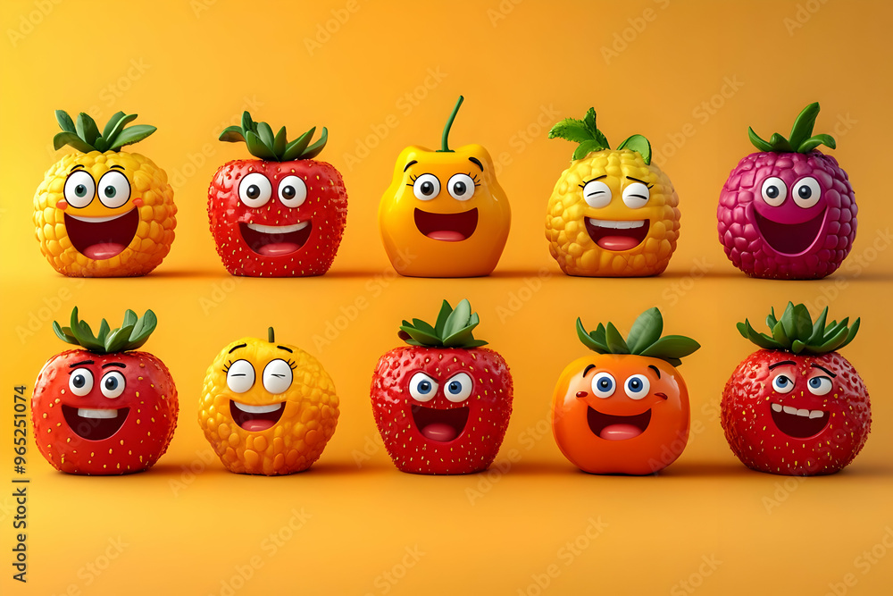 Happy Fruits with Smiley Faces on Yellow Background Happy Fruits with Smiley Faces on Yellow Background