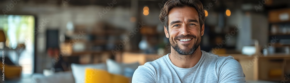 Smiling man in a modern, cozy living room with arms crossed, exuding warmth and confidence Smiling man in a modern, cozy living room with arms crossed, exuding warmth and confidence