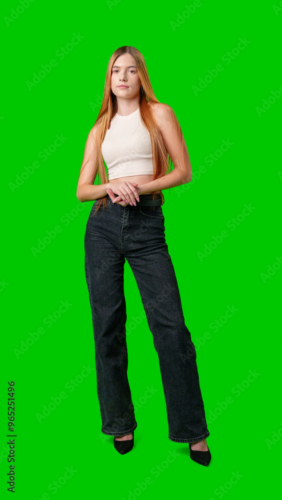 Young Woman With Long Hair Posing Against Green Screen Background Young Woman With Long Hair Posing Against Green Screen Background