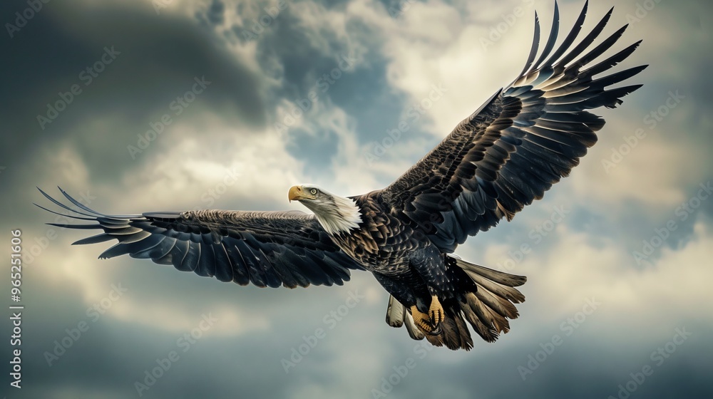 Fototapeta premium Majestic Bald Eagle in Flight Against a Stormy Sky - Wildlife Photograph of a Soaring Eagle