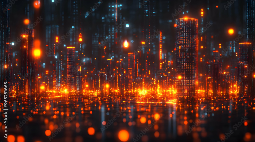 Futuristic Cityscape with Glowing Orange Lights Futuristic Cityscape with Glowing Orange Lights